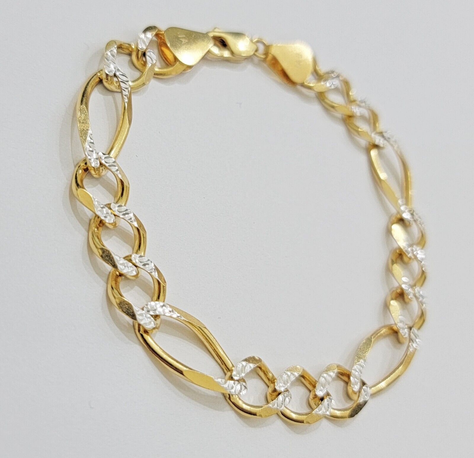 REAL 10k Gold Bracelet Figaro Link Solid Yellow Gold 8.5" 9mm Two - tone Diamond - Reva Jeweler