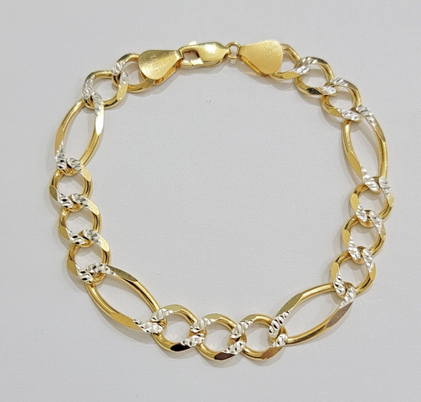 REAL 10k Gold Bracelet Figaro Link Solid Yellow Gold 8.5" 9mm Two - tone Diamond - Reva Jeweler