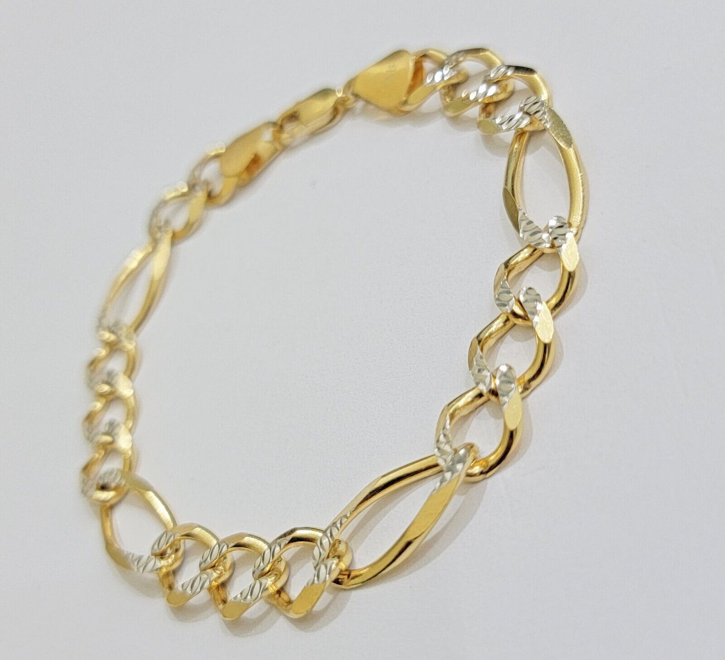 REAL 10k Gold Bracelet Figaro Link Solid Yellow Gold 8.5" 9mm Two - tone Diamond - Reva Jeweler
