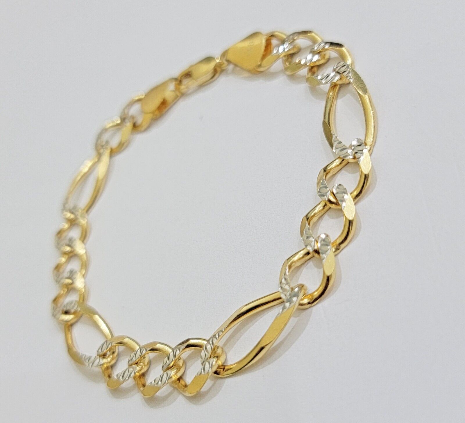 REAL 10k Gold Bracelet Figaro Link Solid Yellow Gold 8.5" 9mm Two - tone Diamond - Reva Jeweler