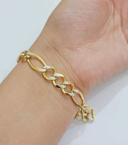 REAL 10k Gold Bracelet Figaro Link Solid Yellow Gold 8.5" 9mm Two - tone Diamond - Reva Jeweler