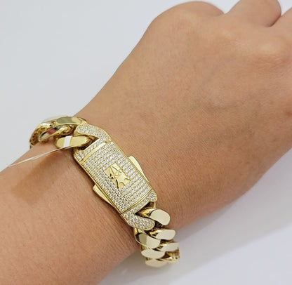 Real 10k Gold Bracelet Mens 9 inch 15mm Royal Cuban Link 10kt Yellow Gd CZ Lock - Reva Jeweler