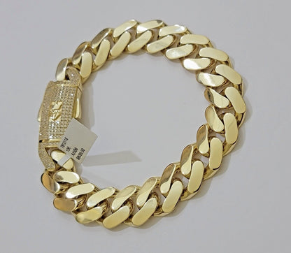 Real 10k Gold Bracelet Mens 9 inch 15mm Royal Cuban Link 10kt Yellow Gd CZ Lock - Reva Jeweler