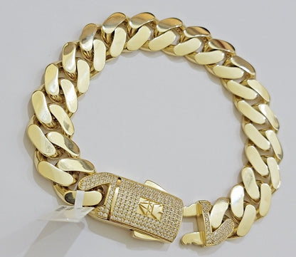 Real 10k Gold Bracelet Mens 9 inch 15mm Royal Cuban Link 10kt Yellow Gd CZ Lock - Reva Jeweler