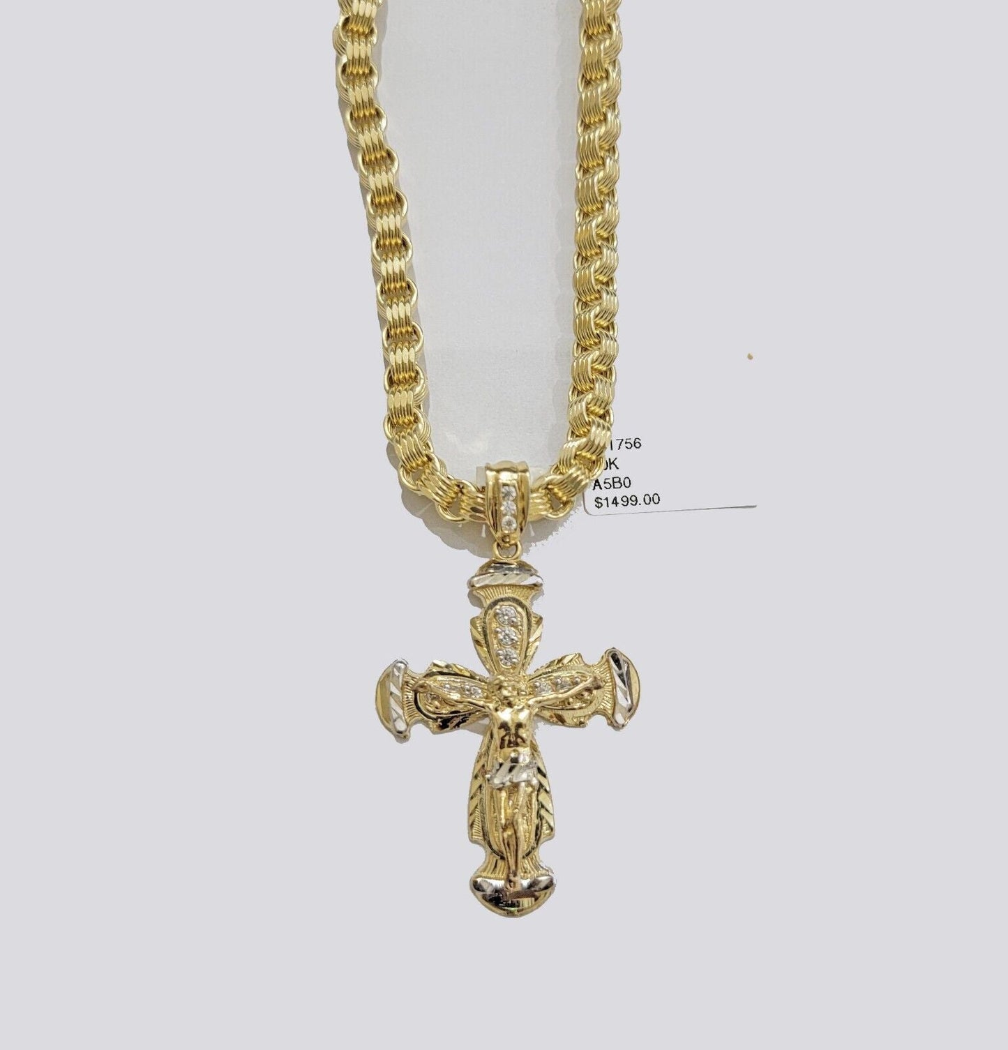 REAL 10k Gold byzantine Chain Cross Pendant Set 5mm Necklace & Jesus Crucifix - Reva Jeweler