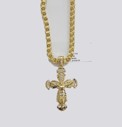 REAL 10k Gold byzantine Chain Cross Pendant Set 5mm Necklace & Jesus Crucifix - Reva Jeweler