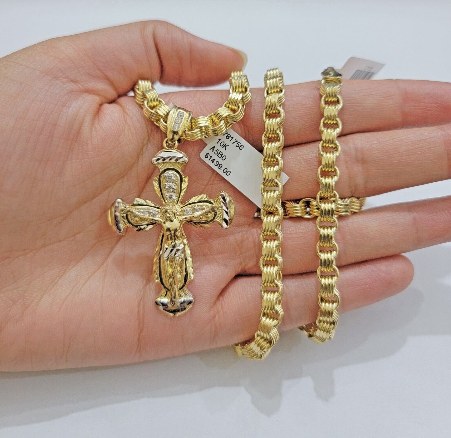 REAL 10k Gold byzantine Chain Cross Pendant Set 5mm Necklace & Jesus Crucifix - Reva Jeweler
