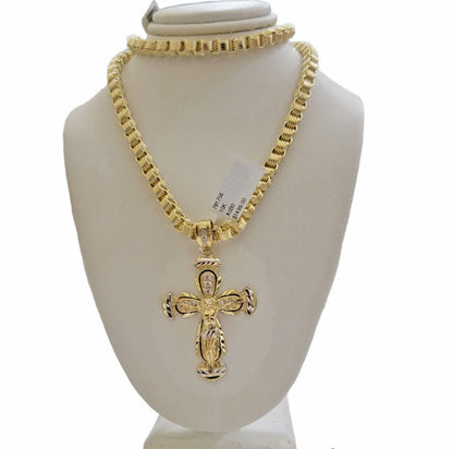 REAL 10k Gold byzantine Chain Cross Pendant Set 5mm Necklace & Jesus Crucifix - Reva Jeweler