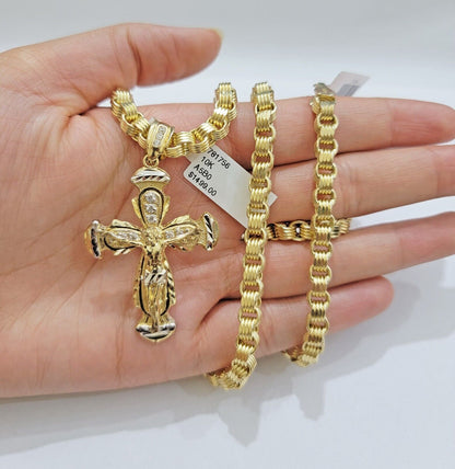 REAL 10k Gold byzantine Chain Cross Pendant Set 5mm Necklace & Jesus Crucifix - Reva Jeweler