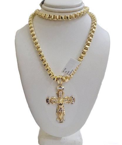 REAL 10k Gold byzantine Chain Cross Pendant Set 5mm Necklace & Jesus Crucifix - Reva Jeweler