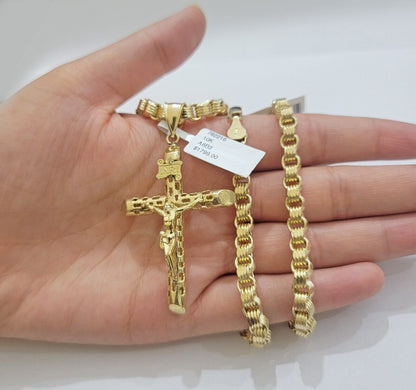 Real 10k Gold byzantine Chain Pendant Set 5mm Necklace With Jesus Cross Charm - Reva Jeweler