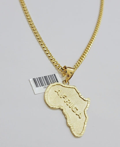 Real 10k Gold Chain & AFRICA Map Charm Pendant SET 22 Inch Cuban Link Necklace - Reva Jeweler