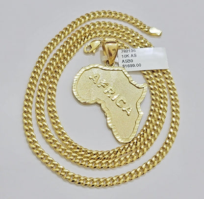 Real 10k Gold Chain & AFRICA Map Charm Pendant SET 24 Inch Cuban Link Necklace - Reva Jeweler