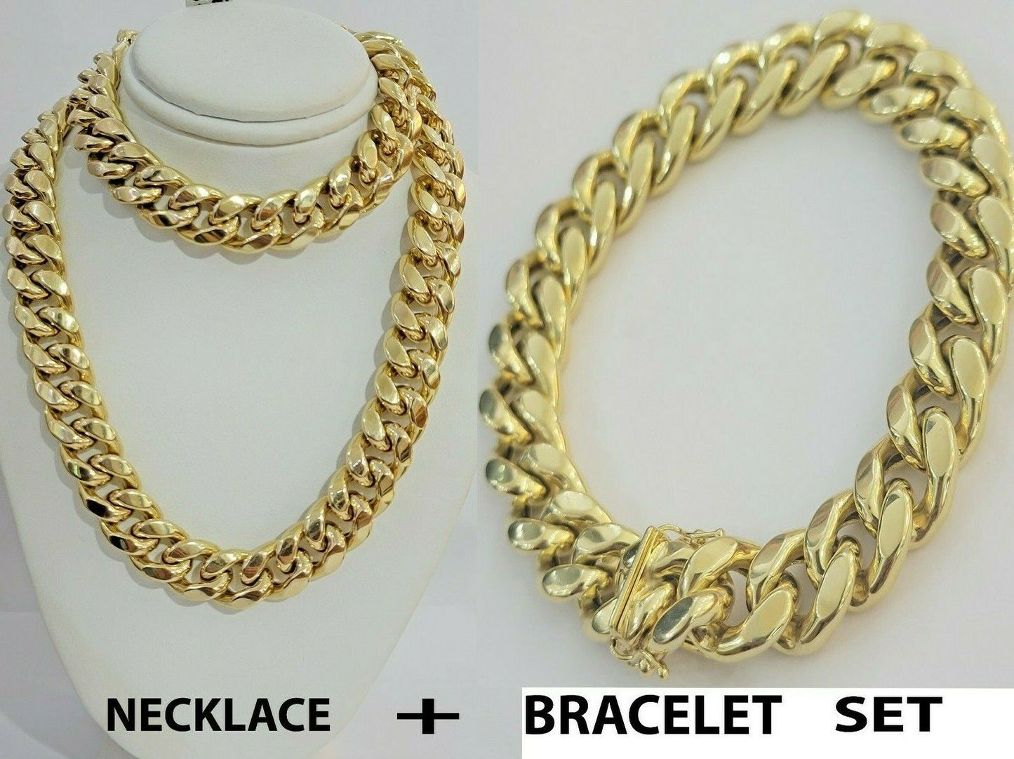 REAL 10k Gold Chain Bracelet Set Miami Cuban Link Men 13mm 26" Necklace 7.5" Brc - Reva Jeweler