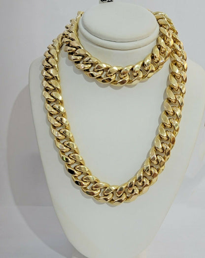 REAL 10k Gold Chain Bracelet Set Miami Cuban Link Mens 13mm 28" Necklace 8" Brac - Reva Jeweler