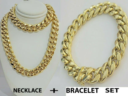 REAL 10k Gold Chain Bracelet Set Miami Cuban Link Mens 13mm 28" Necklace 8" Brac - Reva Jeweler