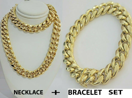 REAL 10k Gold Chain Bracelet Set Miami Cuban Link Mens 13mm 30" Necklace 9" Brac - Reva Jeweler