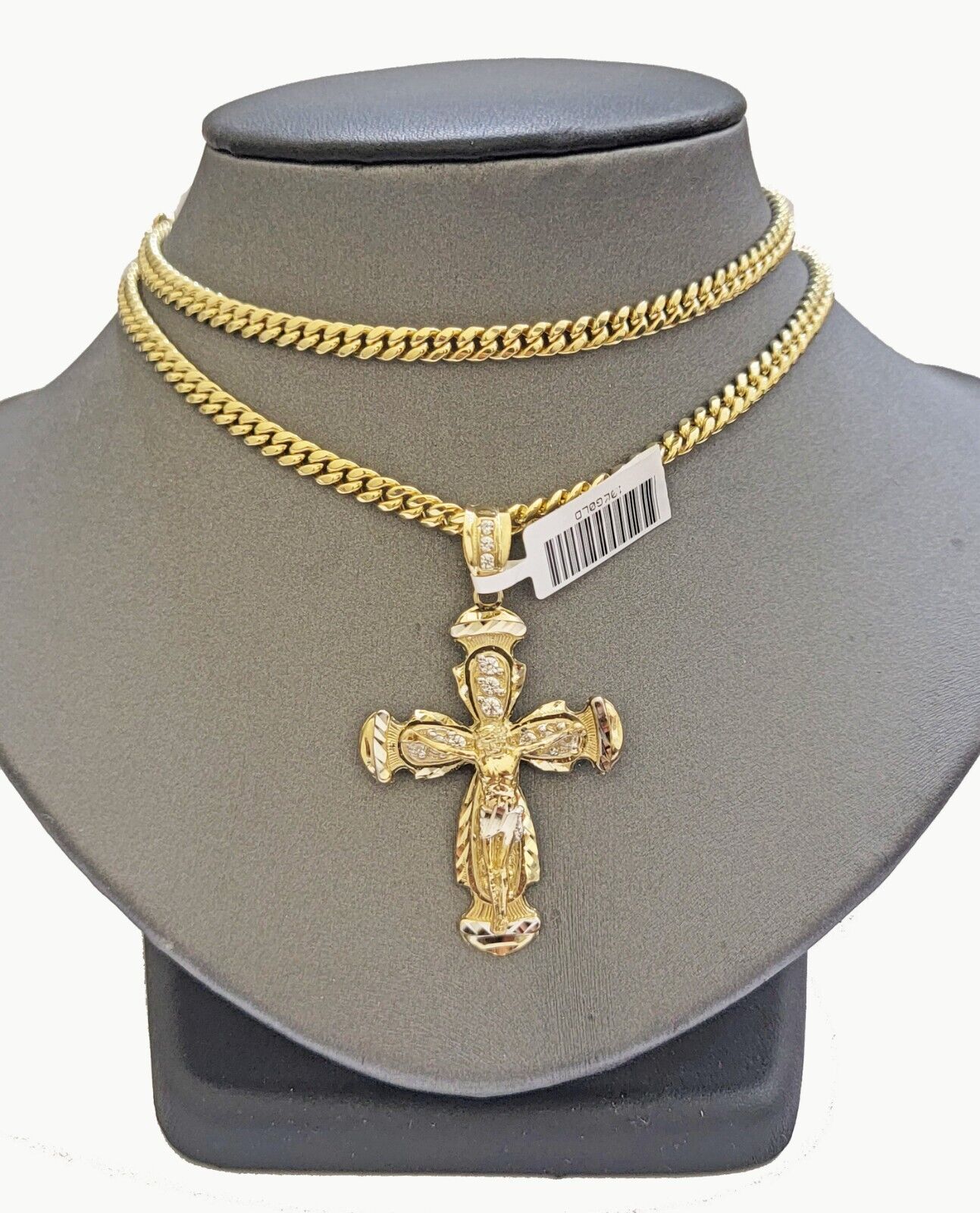 Real 10k Gold Chain Charm Set Cross Pendant Miami Cuban link Necklace 5mm 18 - 28" - Reva Jeweler