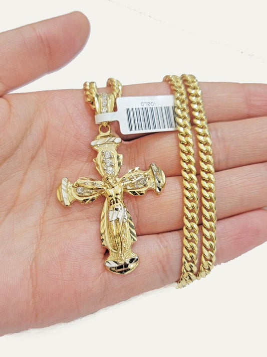 Real 10k Gold Chain Charm Set Cross Pendant Miami Cuban link Necklace 5mm 18 - 28" - Reva Jeweler