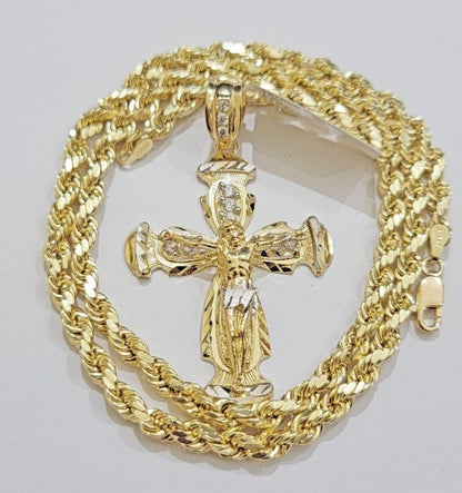 Real 10k Gold Chain Charm Set Jesus Cross Pendant Rope Necklace 5mm 18" - 28" Mens - Reva Jeweler