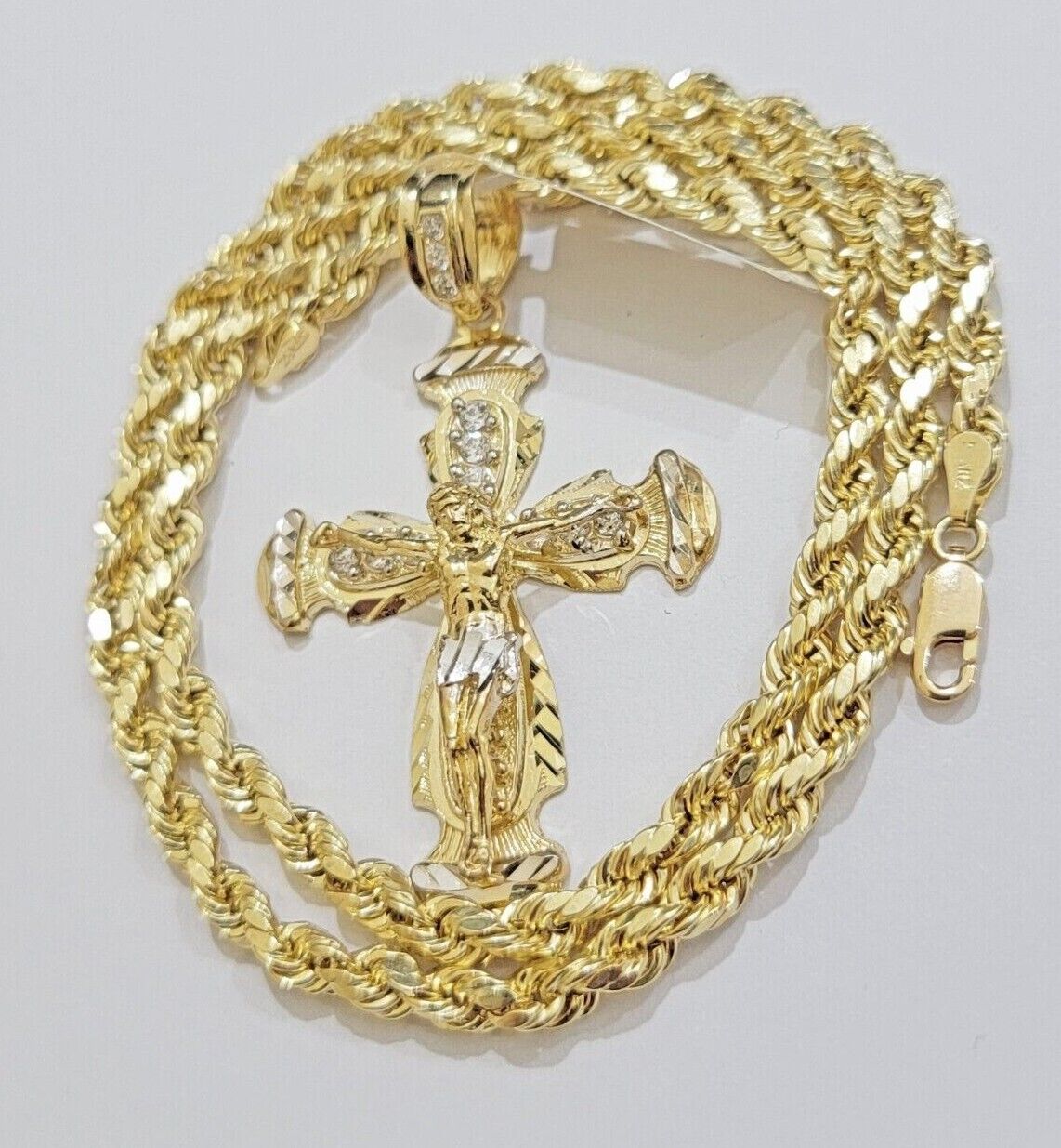 Real 10k Gold Chain Charm Set Jesus Cross Pendant Rope Necklace 5mm 18" - 28" Mens - Reva Jeweler