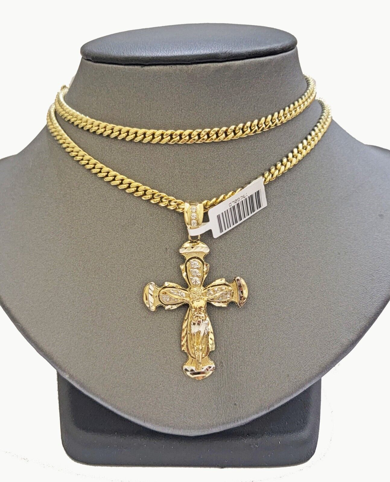 Real 10k Gold Chain & cross charm pendant SET Miami Cuban link necklace 5 mm 20" - Reva Jeweler