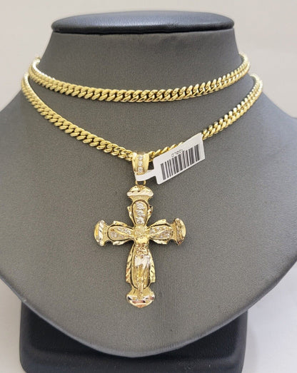 Real 10k Gold Chain & cross charm pendant SET Miami Cuban link necklace 5 mm 20" - Reva Jeweler