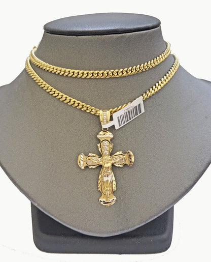 Real 10k Gold Chain & cross charm pendant SET Miami Cuban link necklace 5 mm 22" - Reva Jeweler