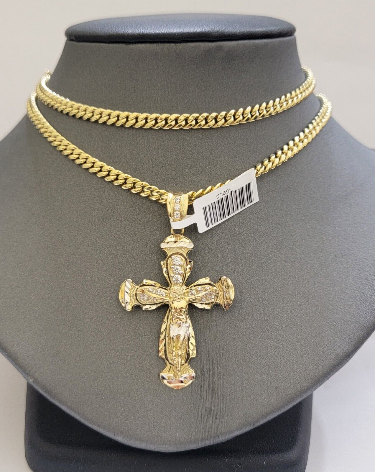 Real 10k Gold Chain & cross charm pendant SET Miami Cuban link necklace 5 mm 22" - Reva Jeweler