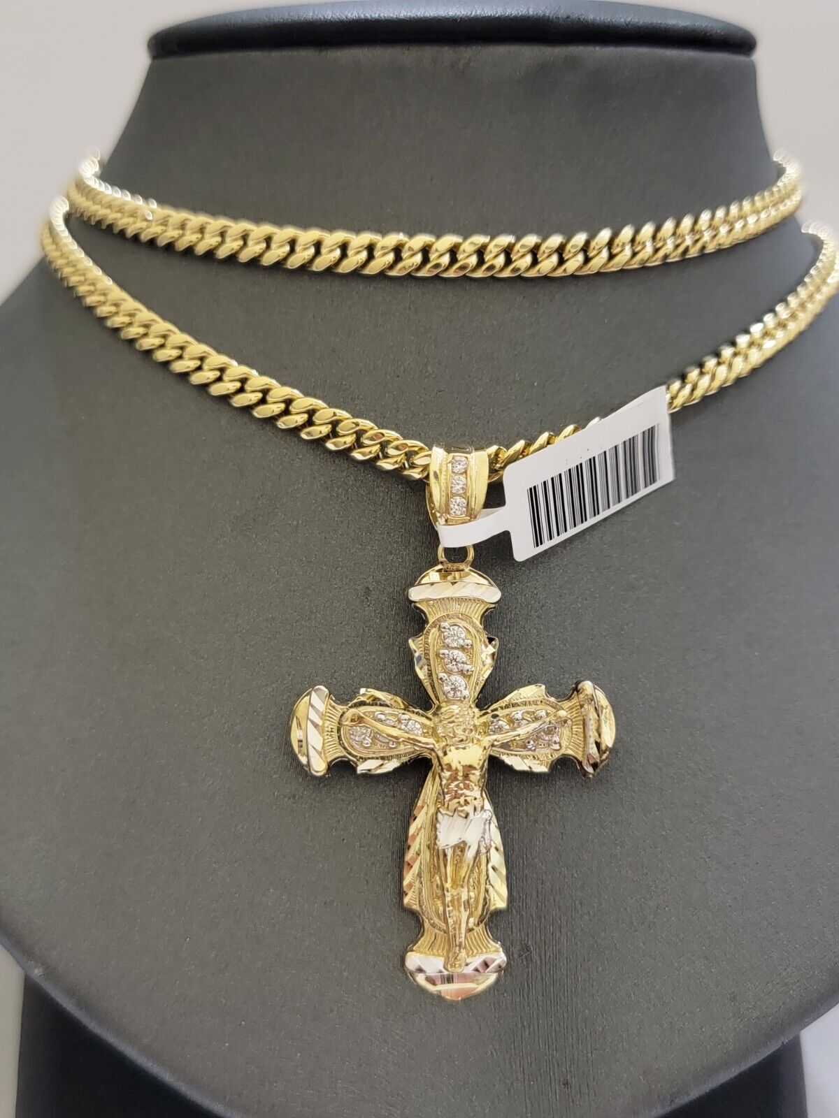 Real 10k Gold Chain & cross charm pendant SET Miami Cuban link necklace 5 mm 26" - Reva Jeweler