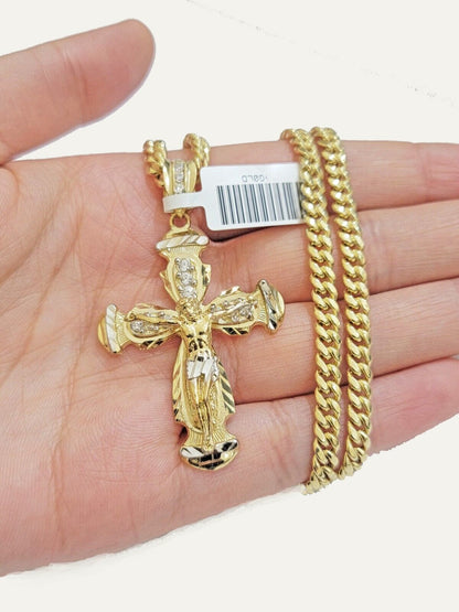 Real 10k Gold Chain & cross charm pendant SET Miami Cuban link necklace 5 mm 26" - Reva Jeweler