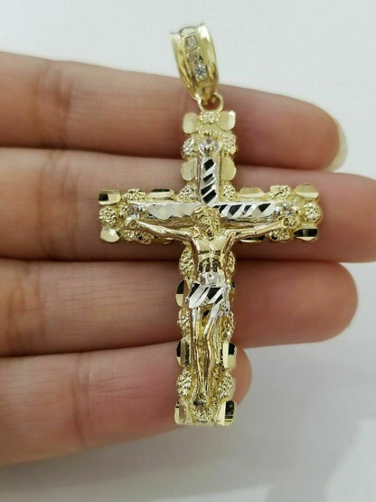 Real 10k Gold Chain Cross SET Miami Cuban Link Necklace 6mm 24" 26" 28" Crucifix - Reva Jeweler