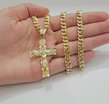 Real 10k Gold Chain Cross SET Miami Cuban Link Necklace 6mm 24" 26" 28" Crucifix - Reva Jeweler