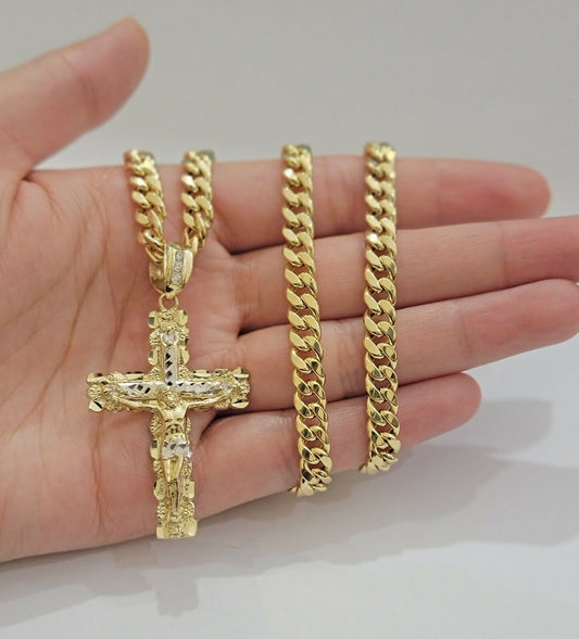 Real 10k Gold Chain Cross SET Miami Cuban Link Necklace 6mm 24" 26" 28" Crucifix - Reva Jeweler