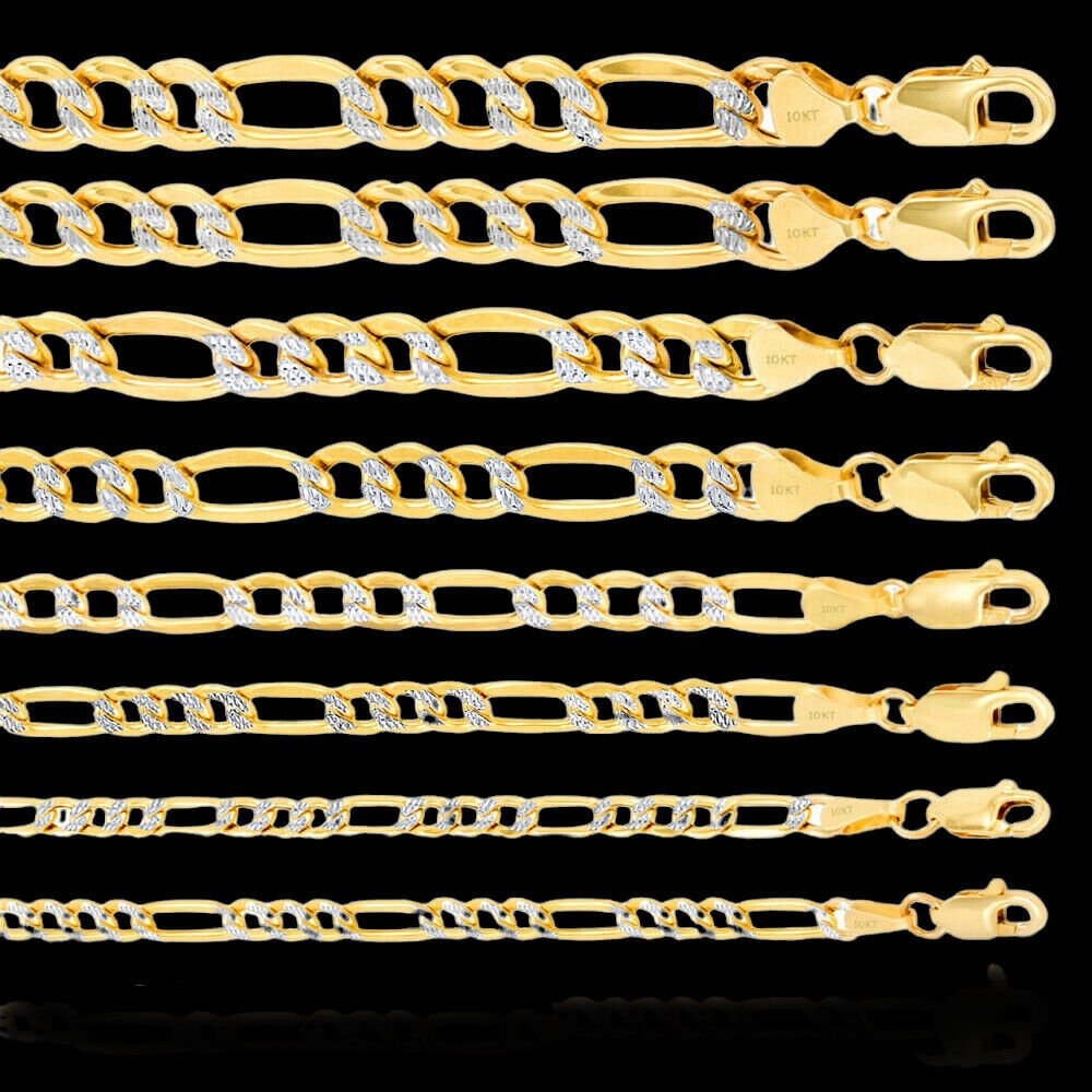 Real 10k Gold Chain Figaro Link Necklace 3.5mm - 9mm, Men Women 18" - 30" Inch, 10kt - Reva Jeweler