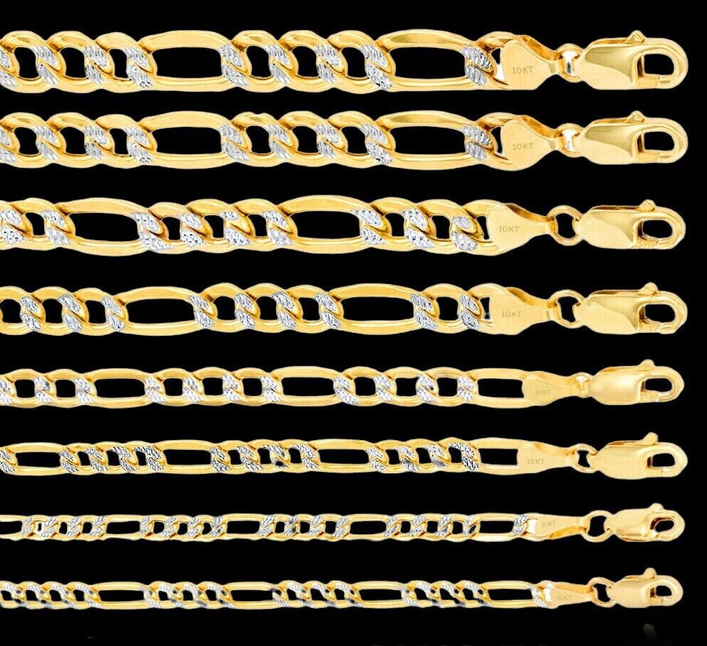 Real 10k Gold Chain Figaro Link Necklace 3.5mm - 9mm, Men Women 18" - 30" Inch, 10kt - Reva Jeweler