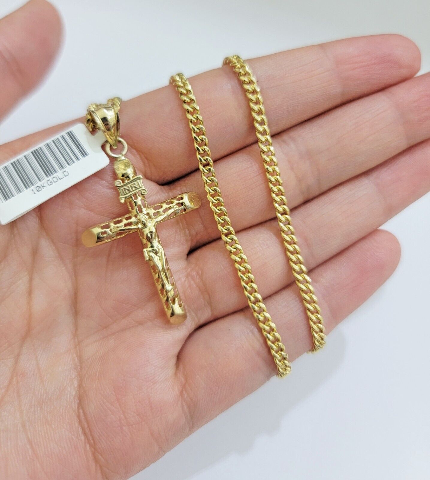 Real 10k Gold Chain Jesus Cross Charm Pendant SET 3mm Miami Cuban Link Necklace - Reva Jeweler