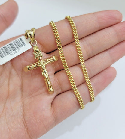 Real 10k Gold Chain Jesus Cross Charm Pendant SET 3mm Miami Cuban Link Necklace - Reva Jeweler