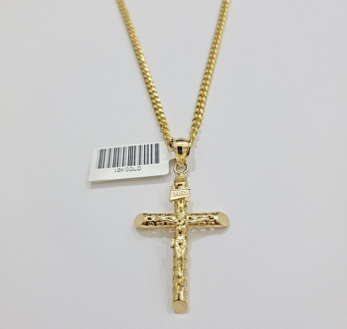 Real 10k Gold Chain Jesus Cross Charm Pendant SET 3mm Miami Cuban Link Necklace - Reva Jeweler