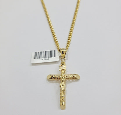 Real 10k Gold Chain Jesus Cross Charm Pendant SET 3mm Miami Cuban Link Necklace - Reva Jeweler