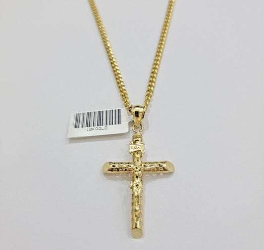 Real 10k Gold Chain Jesus Cross Charm Pendant SET 3mm Miami Cuban Link Necklace - Reva Jeweler