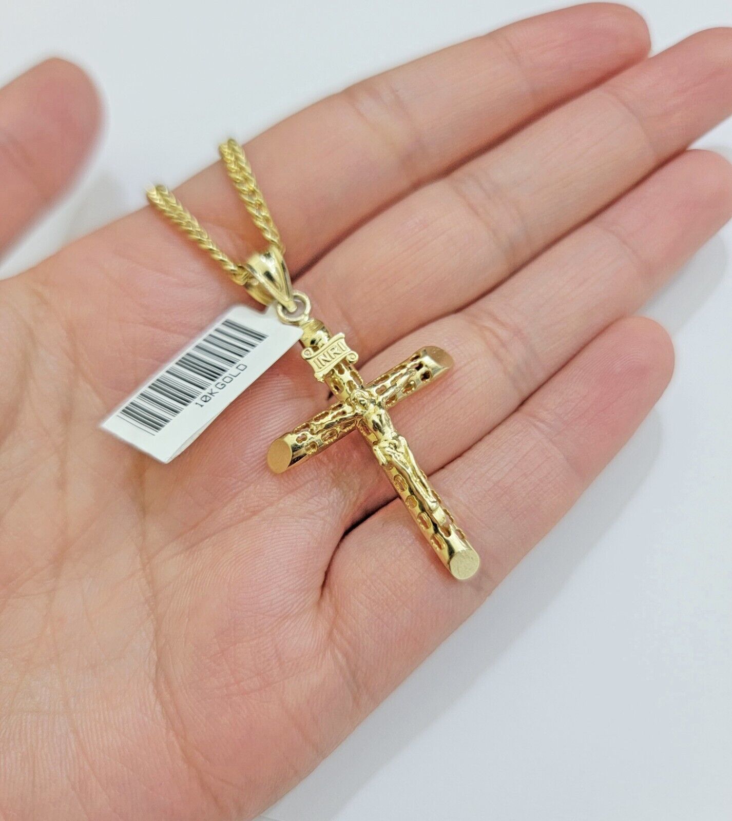 Real 10k Gold Chain Jesus Cross Charm Pendant SET 3mm Miami Cuban Link Necklace - Reva Jeweler
