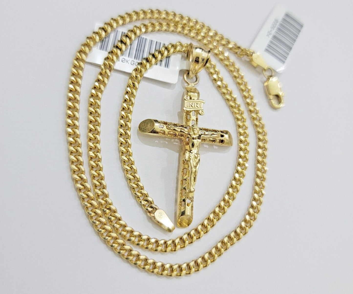 Real 10k Gold Chain Jesus Cross Charm Pendant SET 3mm Miami Cuban Link Necklace - Reva Jeweler