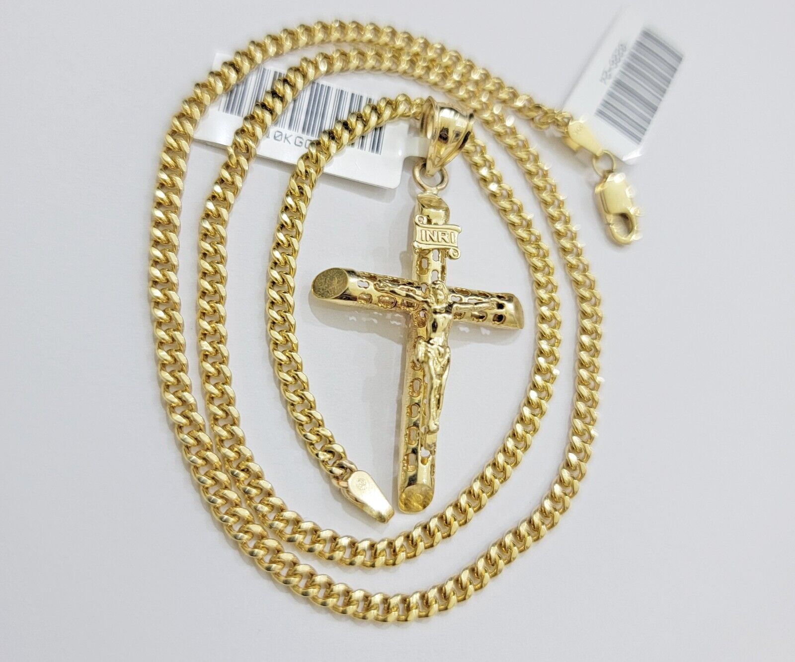 Real 10k Gold Chain Jesus Cross Charm Pendant SET 3mm Miami Cuban Link Necklace - Reva Jeweler