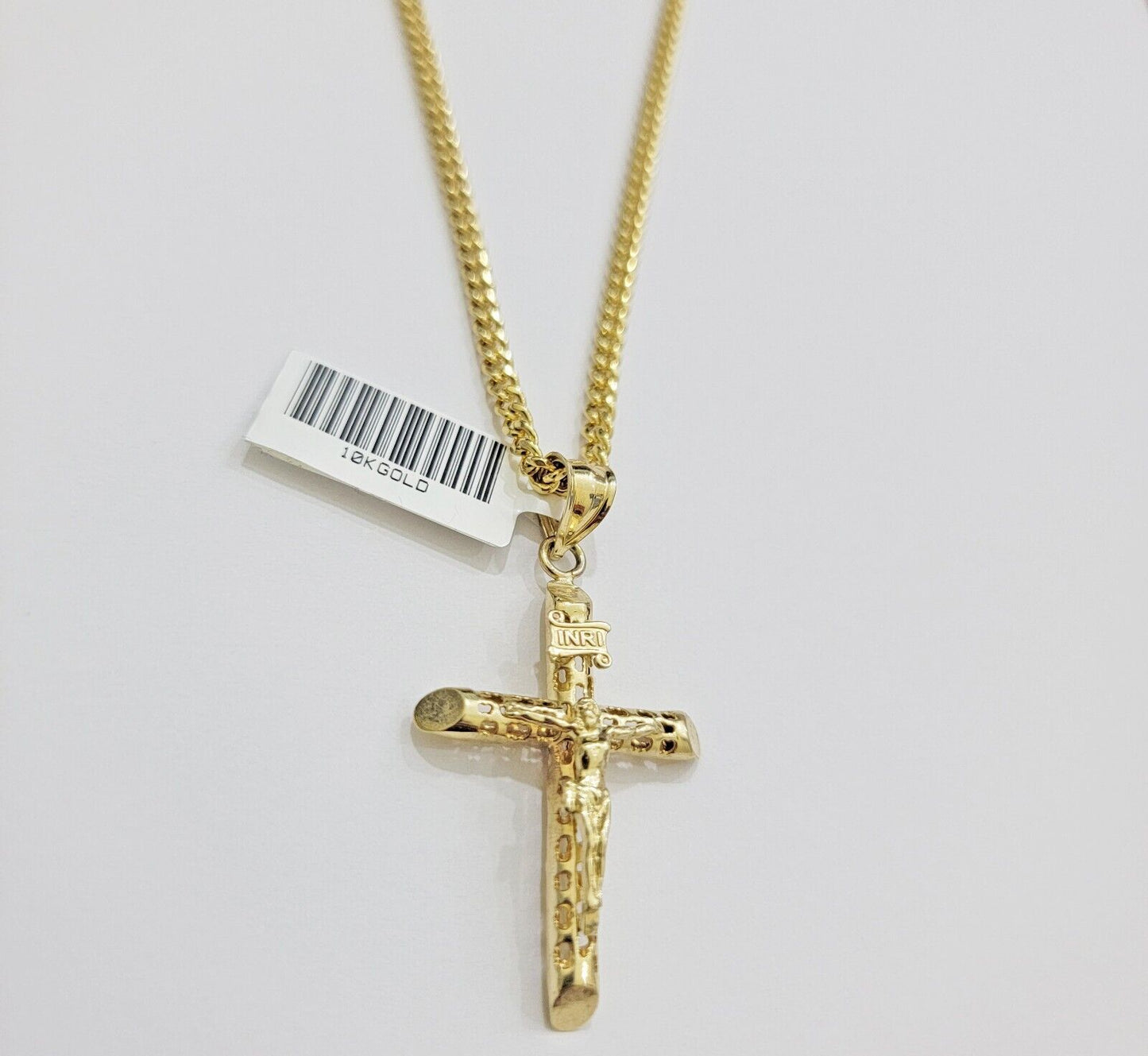 Real 10k Gold Chain Jesus Cross Charm Pendant SET 3mm Miami Cuban Link Necklace - Reva Jeweler