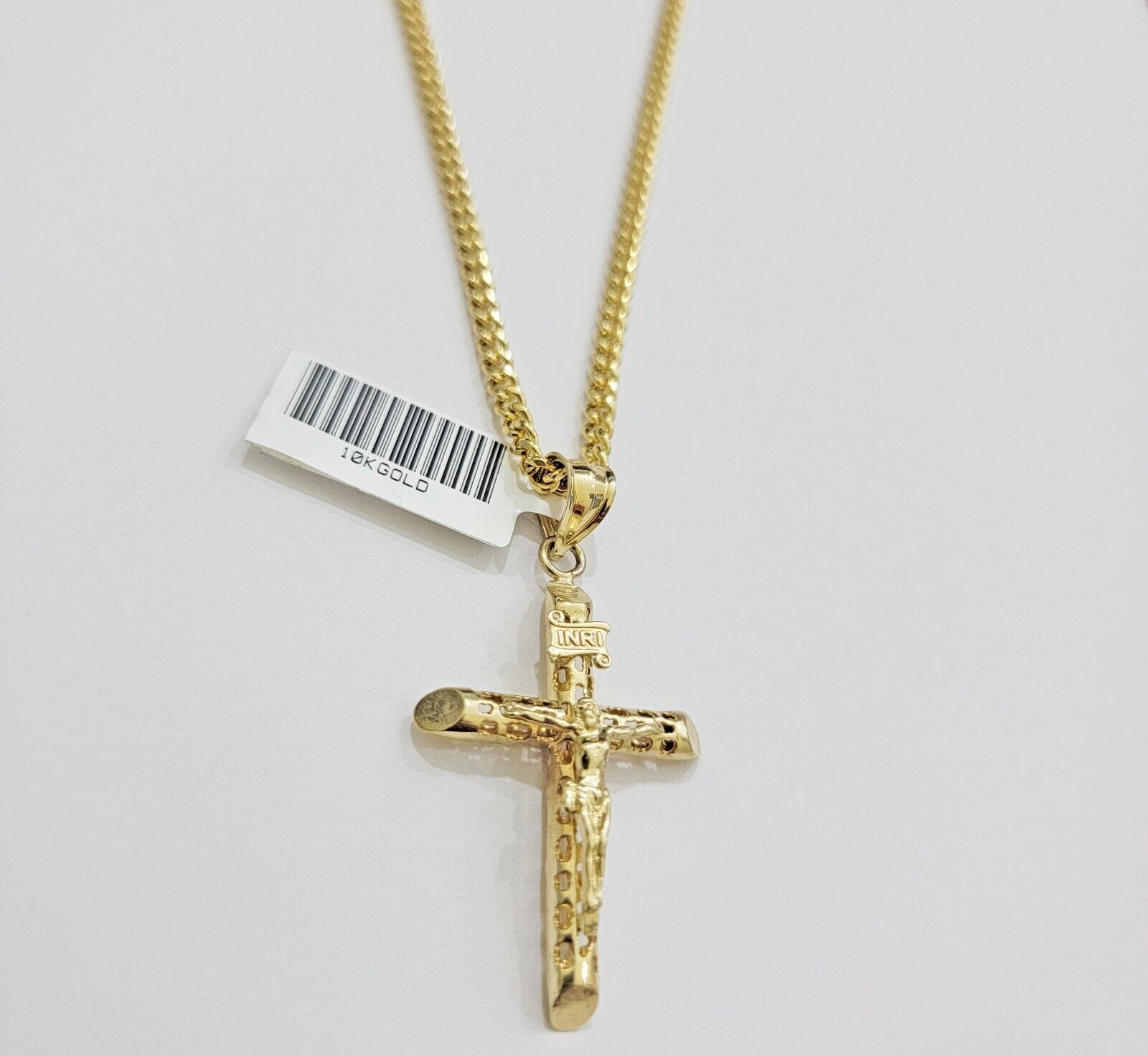 Real 10k Gold Chain Jesus Cross Charm Pendant SET 3mm Miami Cuban Link Necklace - Reva Jeweler