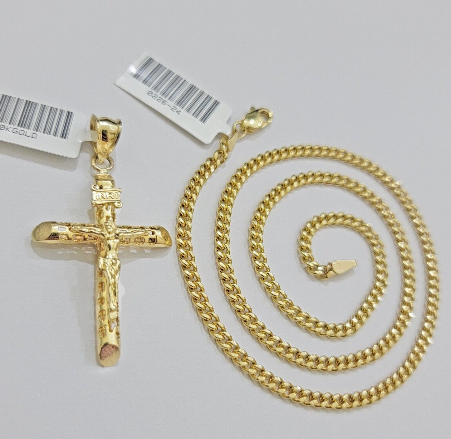 Real 10k Gold Chain Jesus Cross Charm Pendant SET 3mm Miami Cuban Link Necklace - Reva Jeweler