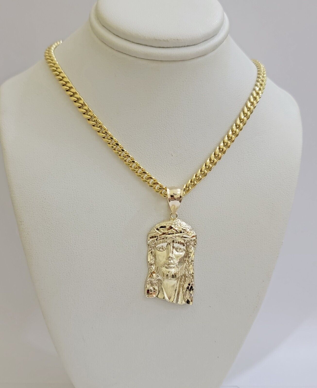 REAL 10k Gold Chain Necklace Charm Pendant SET, 5mm Miami Cuban Link, Jesus Head - Reva Jeweler
