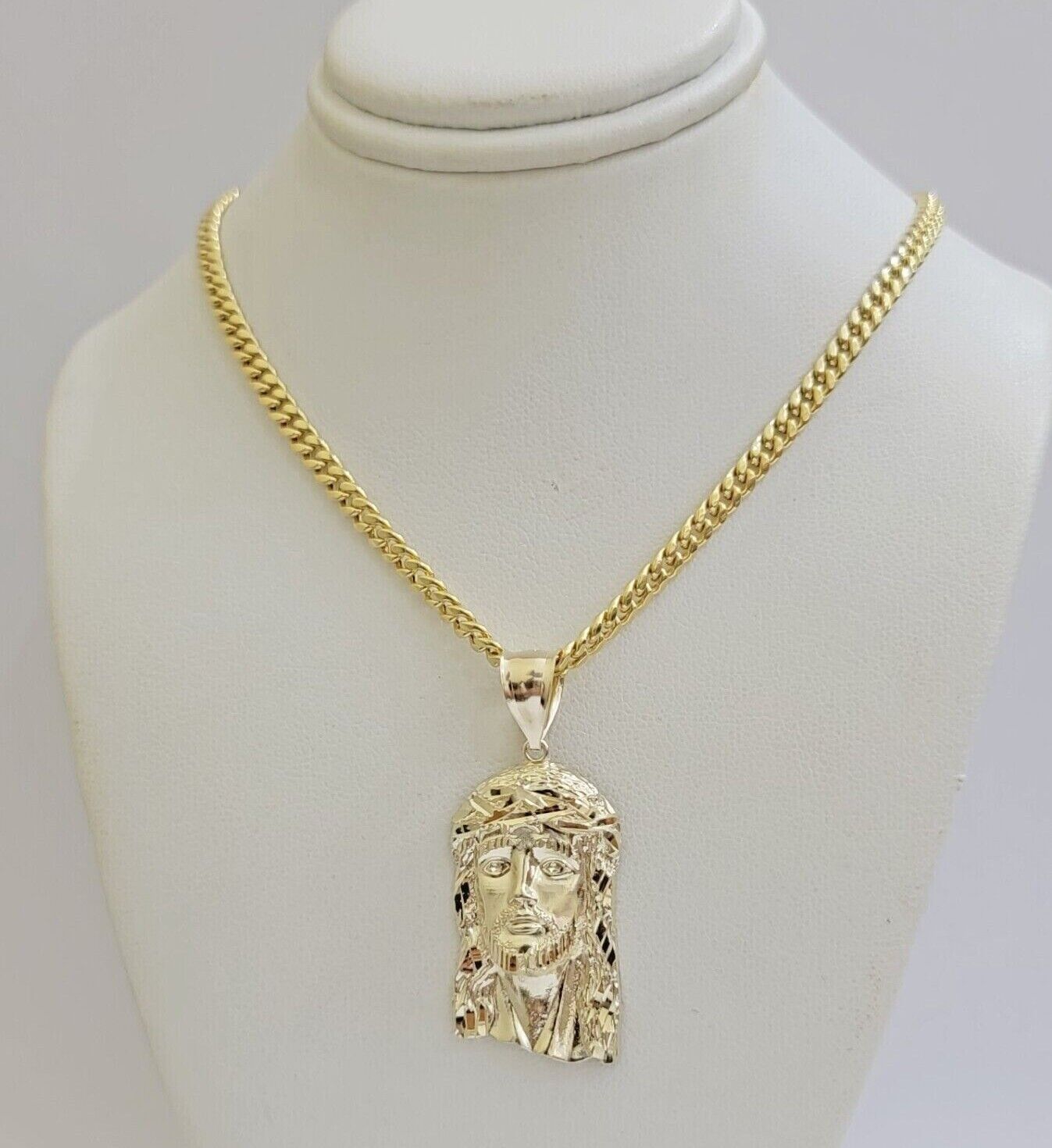 REAL 10k Gold Chain Necklace Charm Pendant SET, 5mm Miami Cuban Link, Jesus Head - Reva Jeweler