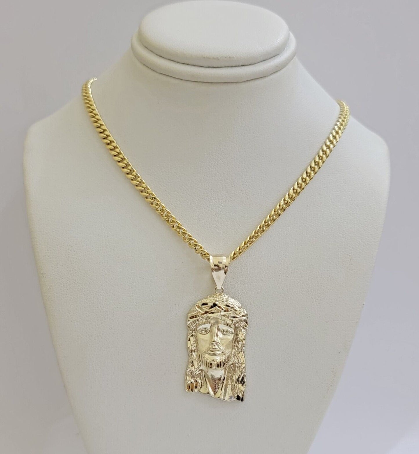 REAL 10k Gold Chain Necklace Charm Pendant SET, 5mm Miami Cuban Link, Jesus Head - Reva Jeweler
